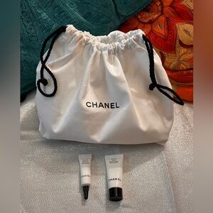 Chanel White & Black Drawstring Bag Pouch 100% Cotton w 2 trial size Products